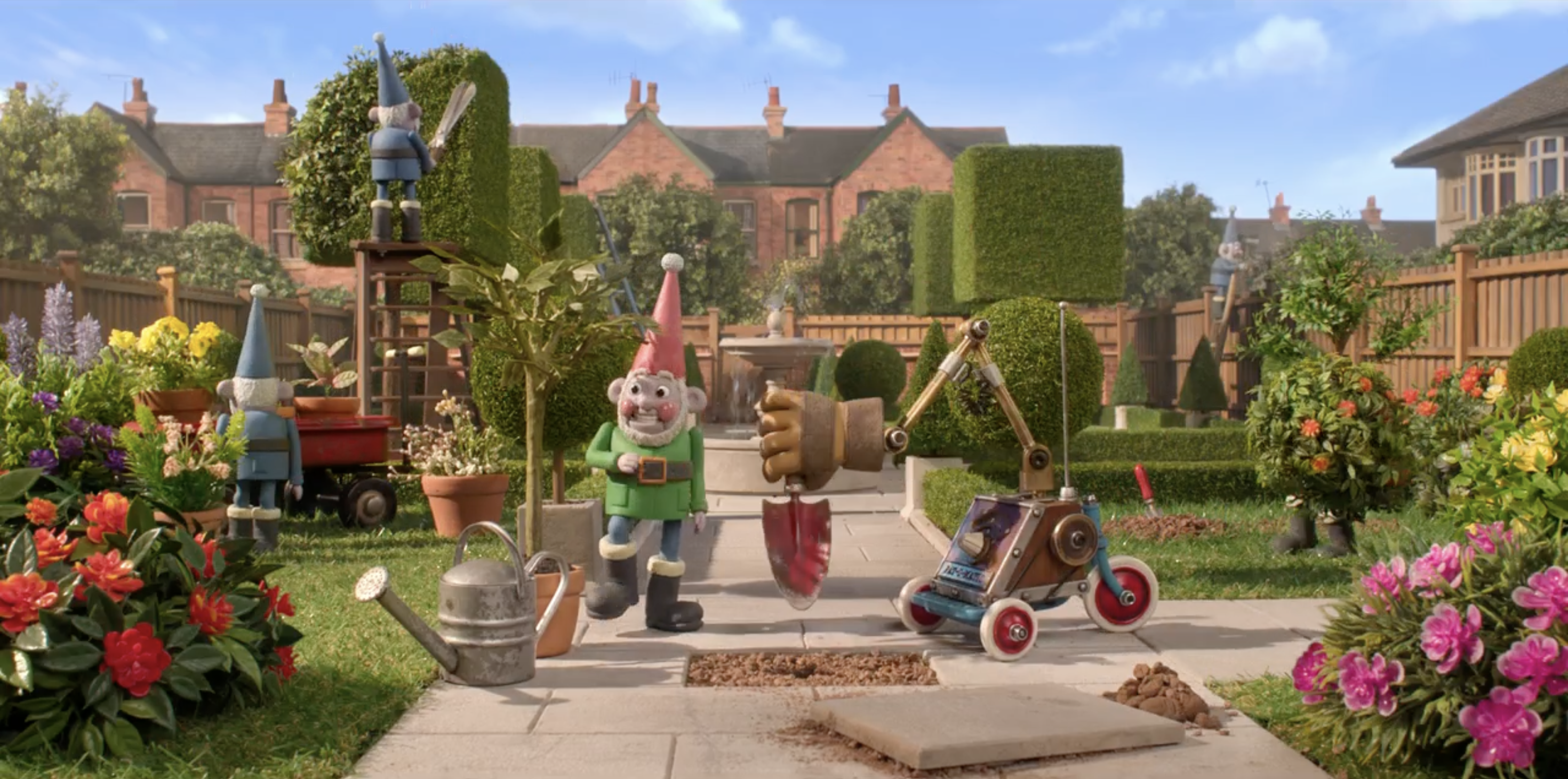 Des nains de jardin travaillant dans le jardin de Wallace et Gromit