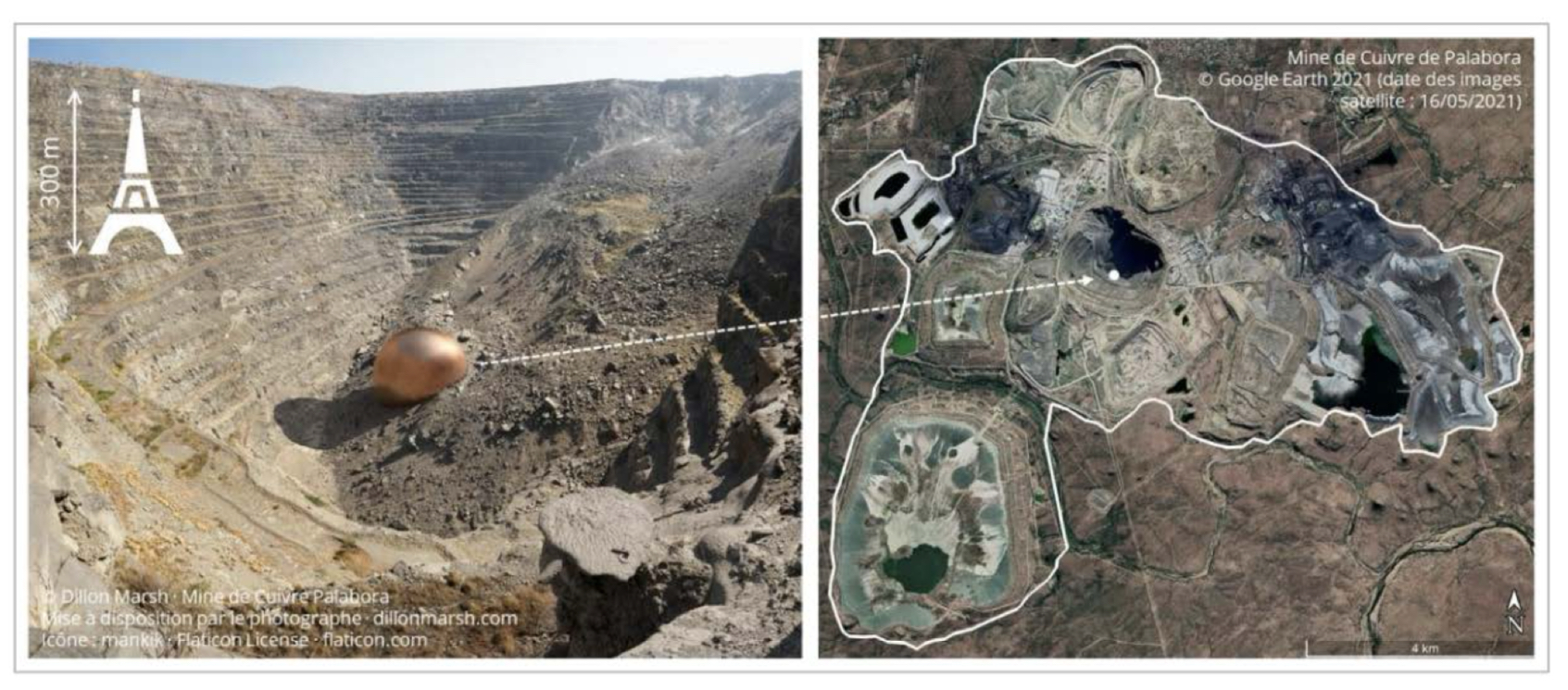 Montage photographique représentant par une sphère la quantité de cuivre extraite de la mine de Palabora en Afrique du Sud. Face à l’emprise au sol et en profondeur de la mine, la boule de cuivre paraît insignifiante.