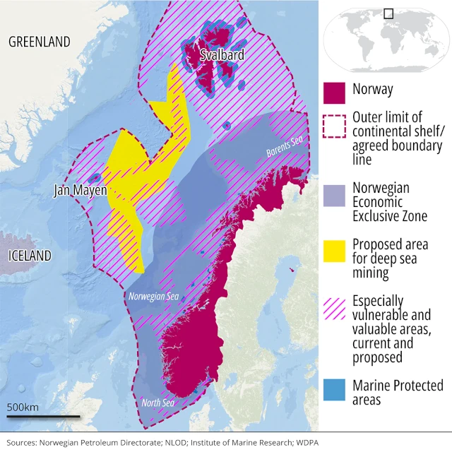 Zone prévue (en jaune) pour le projet de deep sea mining norvégien.